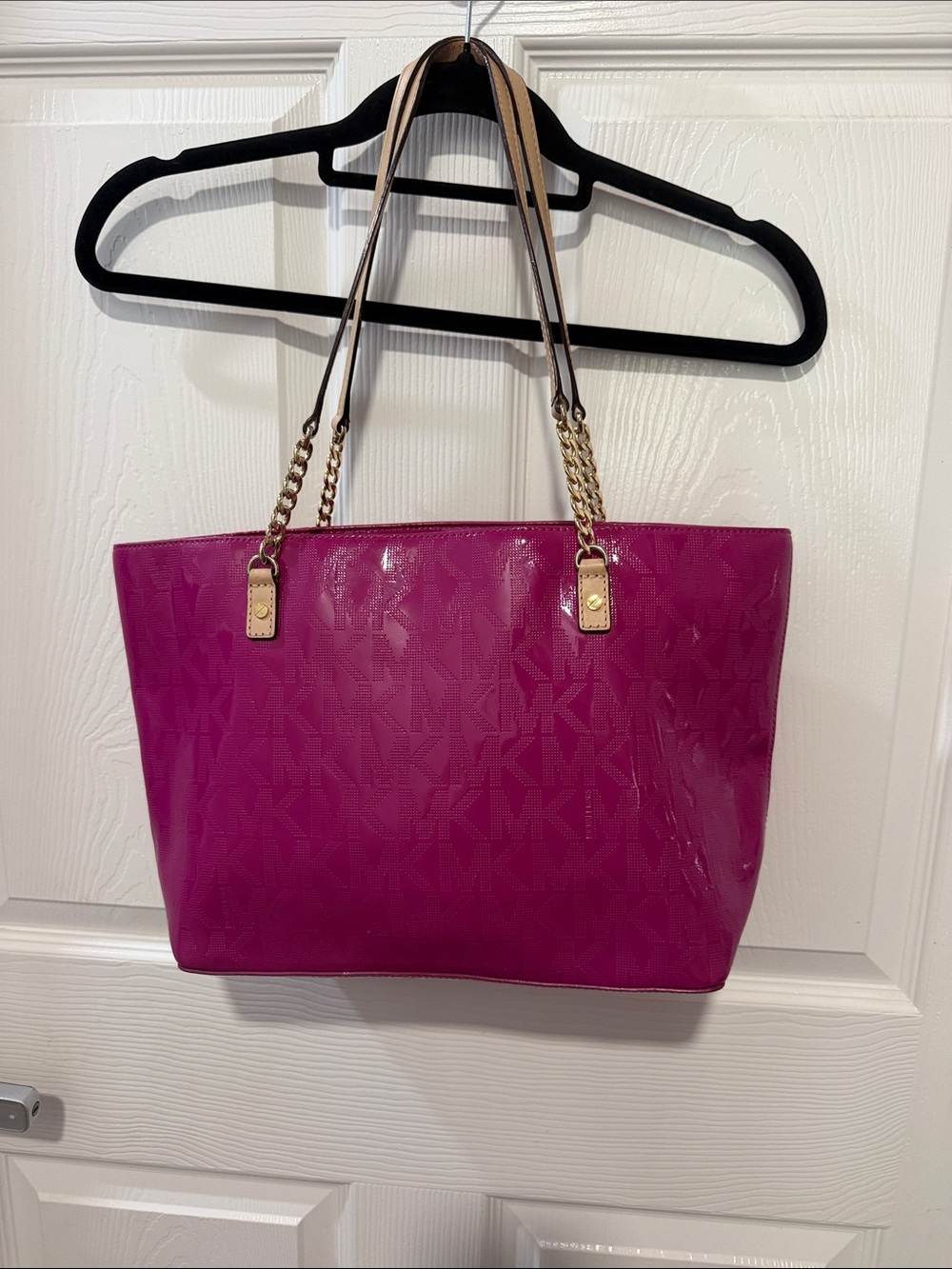 Michael Kors Patent Tote in Fuchsia with Gold Chain Straps